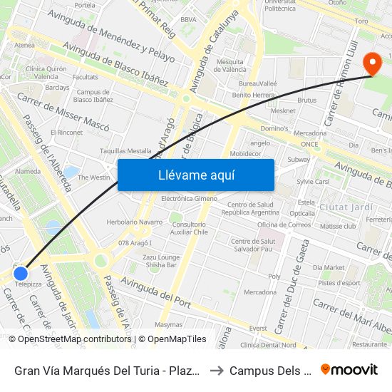 Gran Vía Marqués Del Turia - Plaza Cánovas  [València] to Campus Dels Tarongers map