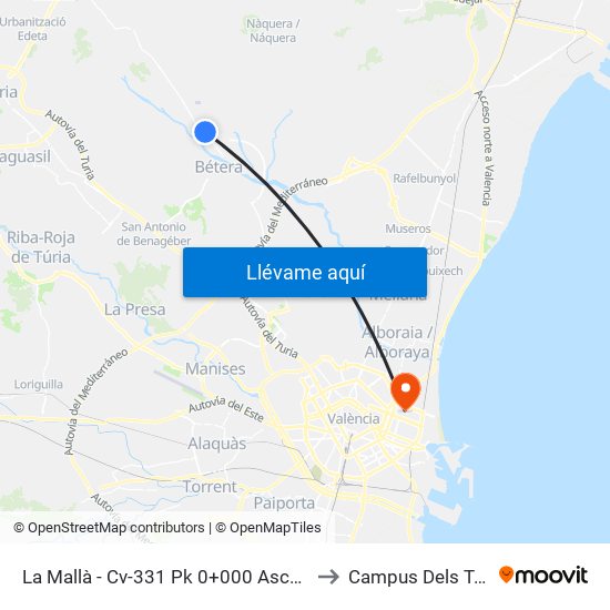 La Mallà - Cv-331 Pk 0+000 Ascendente [Bétera] to Campus Dels Tarongers map