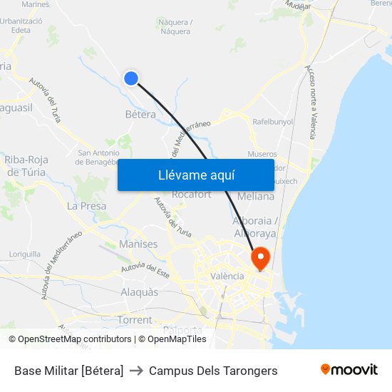 Base Militar [Bétera] to Campus Dels Tarongers map