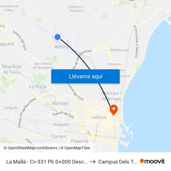 La Mallà - Cv-331 Pk 0+000 Descendente [Bétera] to Campus Dels Tarongers map