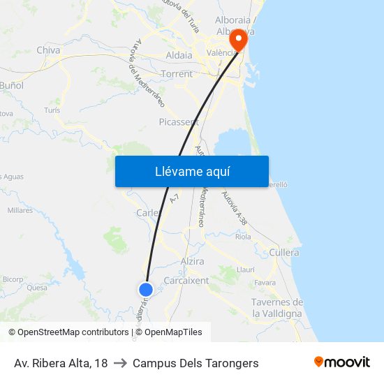 Av. Ribera Alta, 18 to Campus Dels Tarongers map