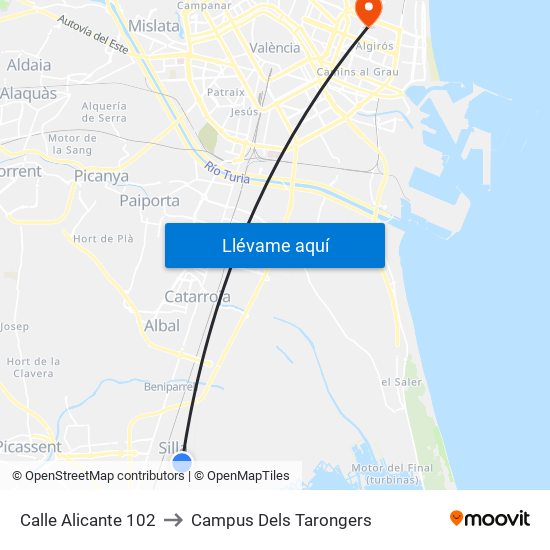 Calle Alicante 102 to Campus Dels Tarongers map