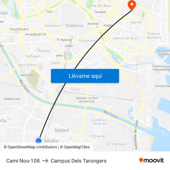 Camí Nou-108 to Campus Dels Tarongers map