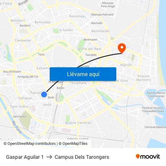 Gaspar Aguilar 1 to Campus Dels Tarongers map