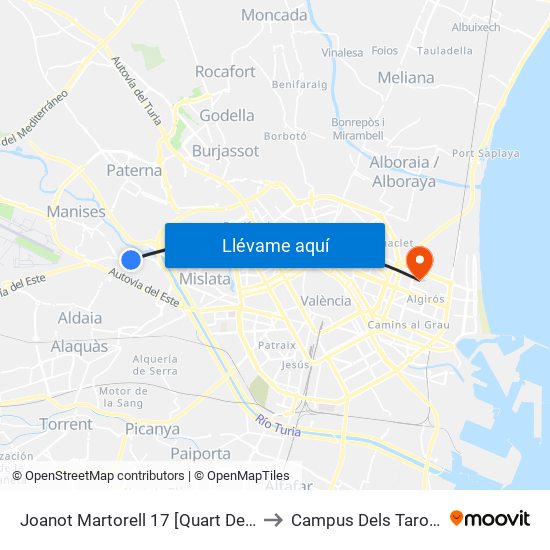 Joanot Martorell 17 [Quart De Poblet] to Campus Dels Tarongers map