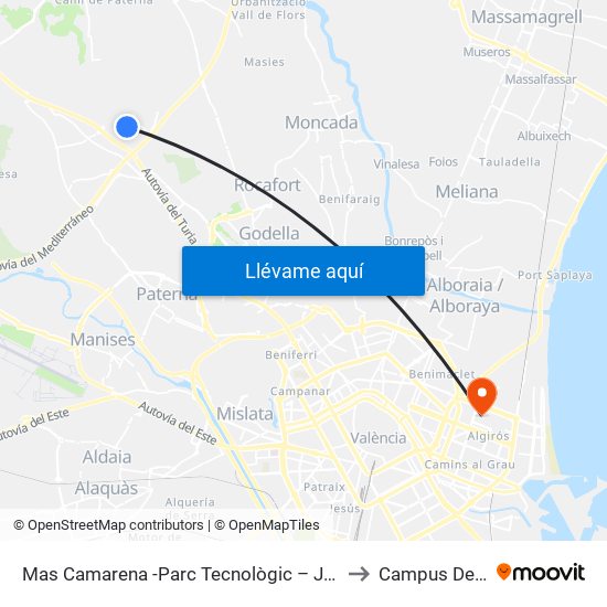 Mas Camarena -Parc Tecnològic – Juan De La Cierva -Hípica [Paterna] to Campus Dels Tarongers map