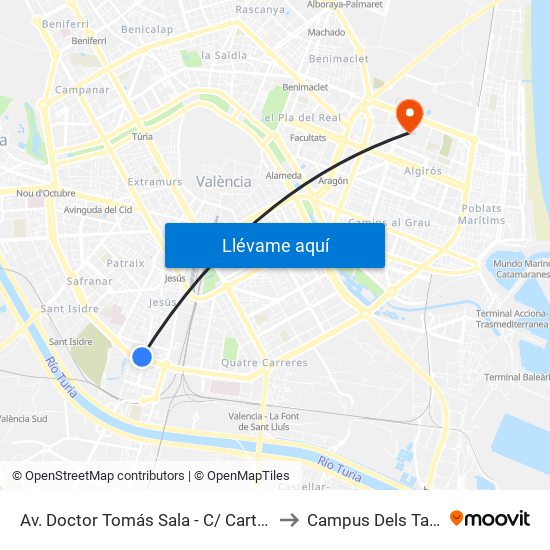 Av. Doctor Tomás Sala - C/ Carters [València] to Campus Dels Tarongers map