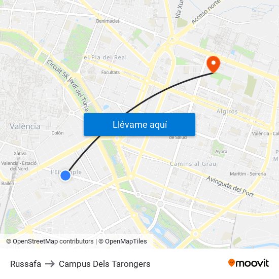 Russafa to Campus Dels Tarongers map