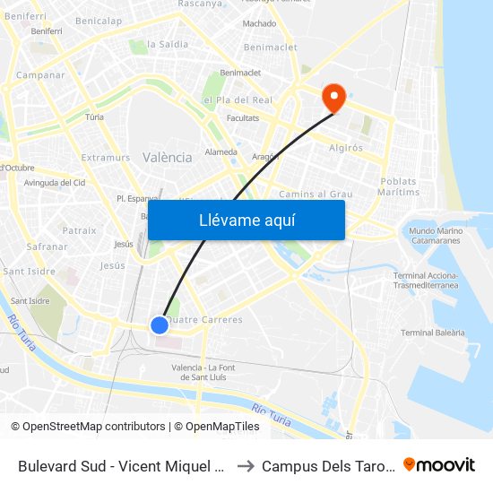 Bulevard Sud - Vicent Miquel Carceller to Campus Dels Tarongers map