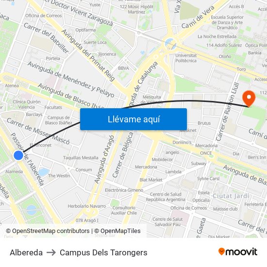 Albereda to Campus Dels Tarongers map