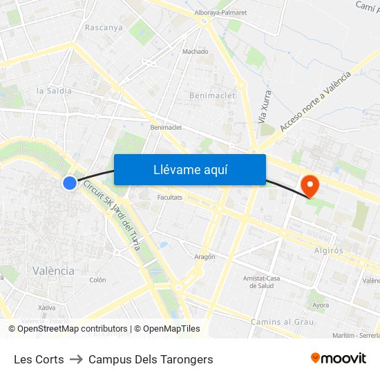 Les Corts to Campus Dels Tarongers map