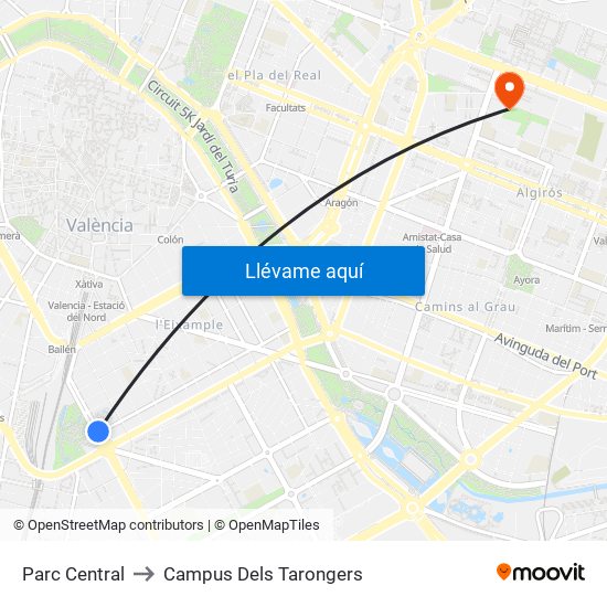 Parc Central to Campus Dels Tarongers map