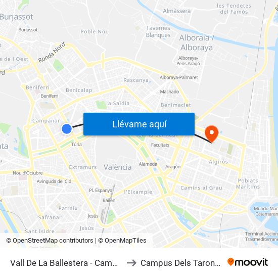Vall De La Ballestera - Campanar to Campus Dels Tarongers map