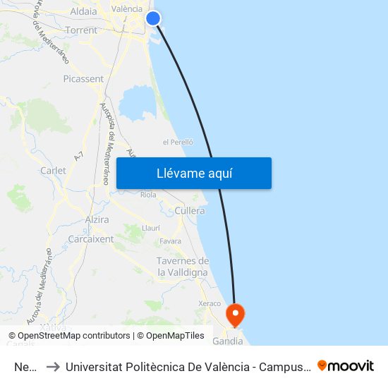 Neptú to Universitat Politècnica De València - Campus De Gandia map
