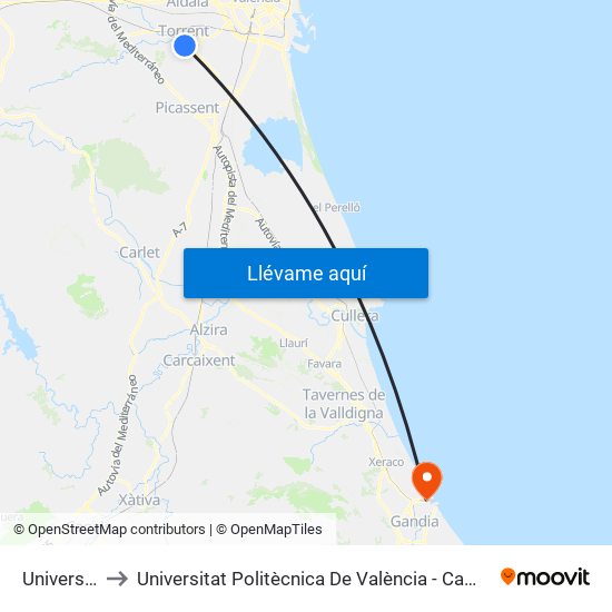 Universidad to Universitat Politècnica De València - Campus De Gandia map