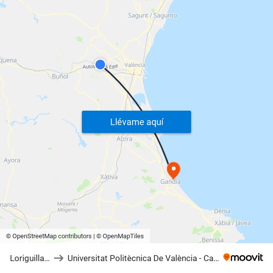 Loriguilla-Reva to Universitat Politècnica De València - Campus De Gandia map