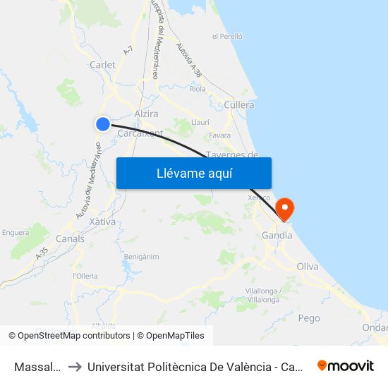 Massalavés to Universitat Politècnica De València - Campus De Gandia map