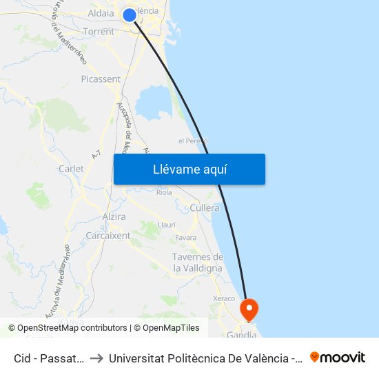 Cid - Passatge Vidal to Universitat Politècnica De València - Campus De Gandia map