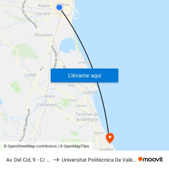 Av. Del Cid, 9 - C/ Ayora [València] to Universitat Politècnica De València - Campus De Gandia map