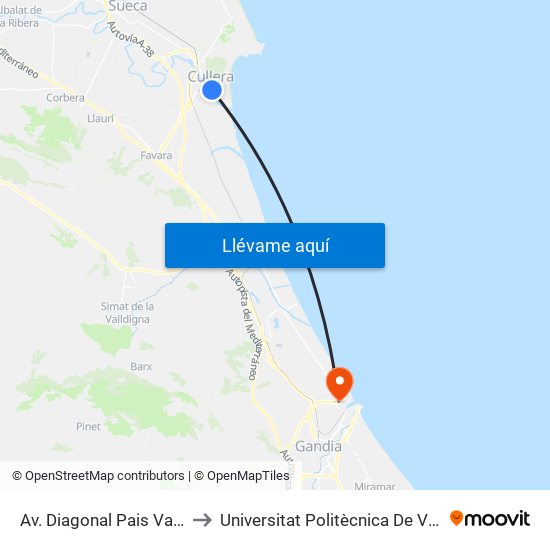 Av. Diagonal Pais València 11-21 [Cullera] to Universitat Politècnica De València - Campus De Gandia map