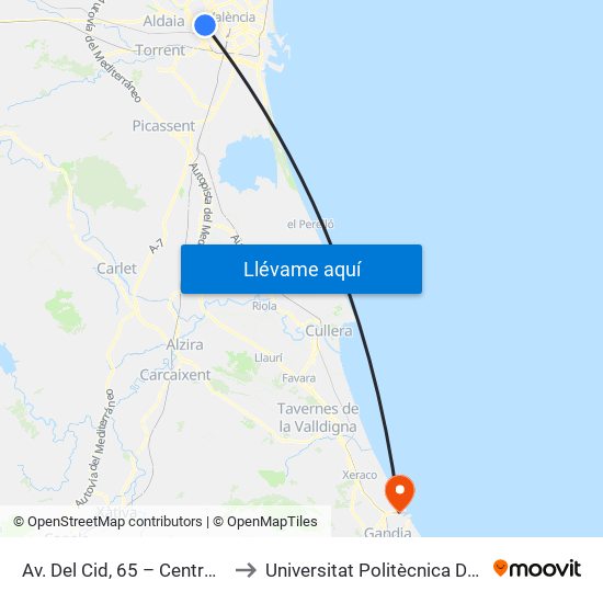 Av. Del Cid, 65 – Centro De Transfusiones [València] to Universitat Politècnica De València - Campus De Gandia map