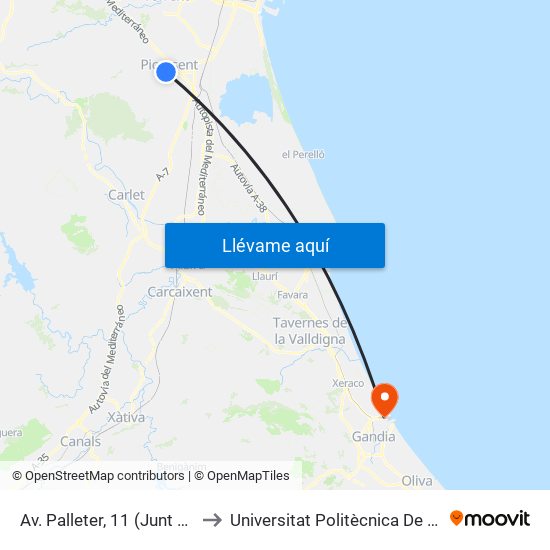 Av. Palleter, 11 (Junt Guardia Civil) [Picassent] to Universitat Politècnica De València - Campus De Gandia map