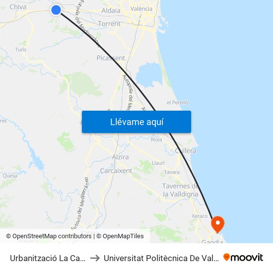 Urbanització La Carreta - C/ 5 [Chiva] to Universitat Politècnica De València - Campus De Gandia map
