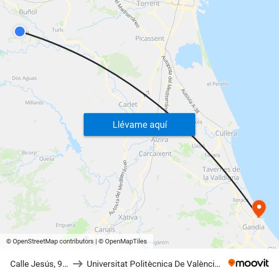 Calle Jesús, 94 [Yátova] to Universitat Politècnica De València - Campus De Gandia map