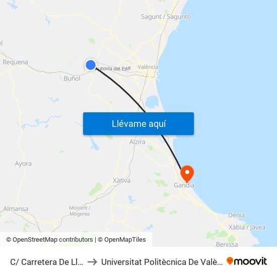 C/ Carretera De Llíria. 14 [Cheste] to Universitat Politècnica De València - Campus De Gandia map