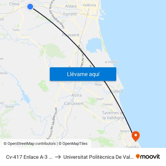 Cv-417 Enlace A-3 Gasolinera [Chiva] to Universitat Politècnica De València - Campus De Gandia map