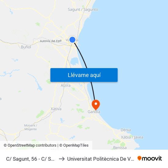 C/ Sagunt, 56 - C/ Sant Guillem [València] to Universitat Politècnica De València - Campus De Gandia map