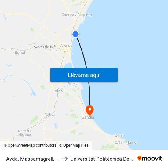 Avda. Massamagrell, 11 [La Pobla De Farnals] to Universitat Politècnica De València - Campus De Gandia map