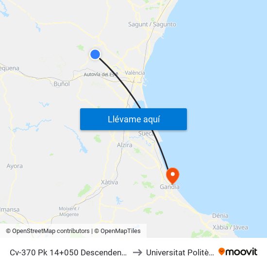 Cv-370 Pk 14+050 Descendente - Cruce Con Urb. Mas Del Moro - Fábrica De Pieles [Vilamarxant] to Universitat Politècnica De València - Campus De Gandia map