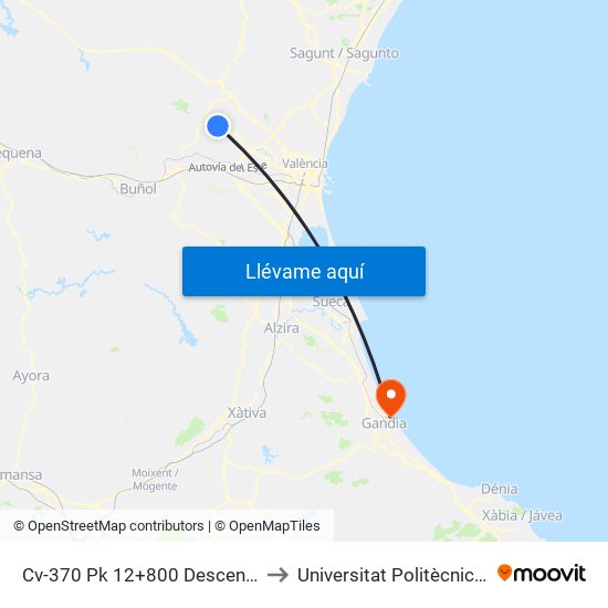 Cv-370 Pk 12+800 Descendente - Hidroeléctrica [Riba-Roja De Túria] to Universitat Politècnica De València - Campus De Gandia map