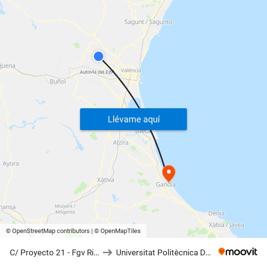 C/ Proyecto 21 - Fgv Riba-Roja [Riba-Roja De Túria] to Universitat Politècnica De València - Campus De Gandia map