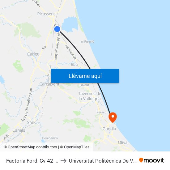 Factoría Ford, Cv-42 Entrada [Almussafes] to Universitat Politècnica De València - Campus De Gandia map