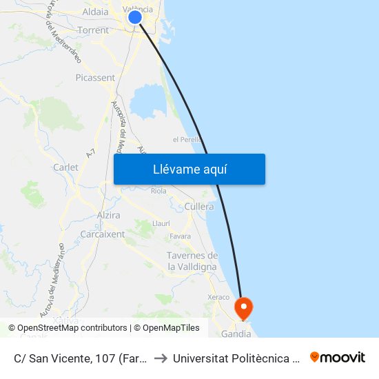 C/ San Vicente, 107 (Farmacia) (Plaza España) [València] to Universitat Politècnica De València - Campus De Gandia map