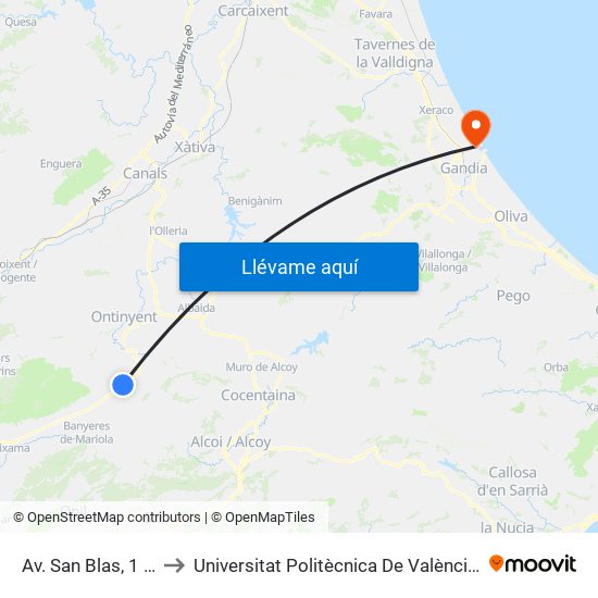 Av. San Blas, 1 [Bocairent] to Universitat Politècnica De València - Campus De Gandia map