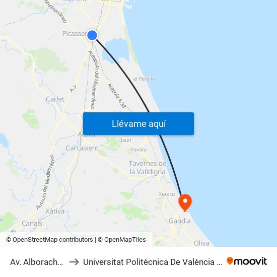 Av. Alborache, 2 [Silla] to Universitat Politècnica De València - Campus De Gandia map