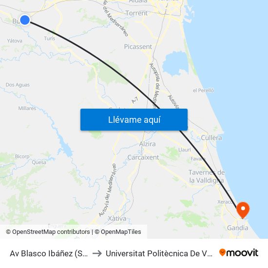 Av Blasco Ibáñez (Supermercat) [Buñol] to Universitat Politècnica De València - Campus De Gandia map