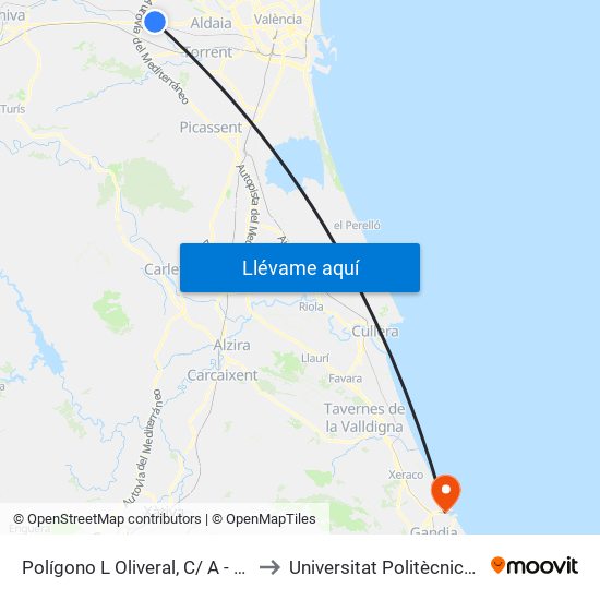 Polígono L Oliveral, C/ A - C/ L - Gasolinera Bp [Riba-Roja De Túria] to Universitat Politècnica De València - Campus De Gandia map