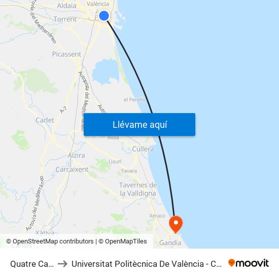 Quatre Carreres to Universitat Politècnica De València - Campus De Gandia map