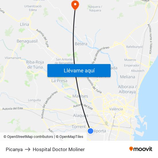 Picanya to Hospital Doctor Moliner map