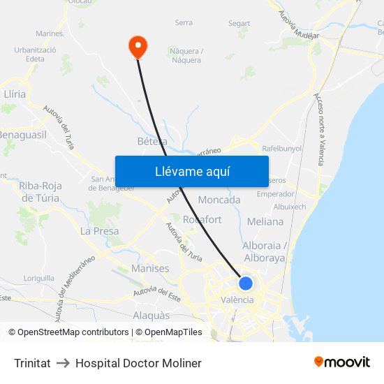 Trinitat to Hospital Doctor Moliner map