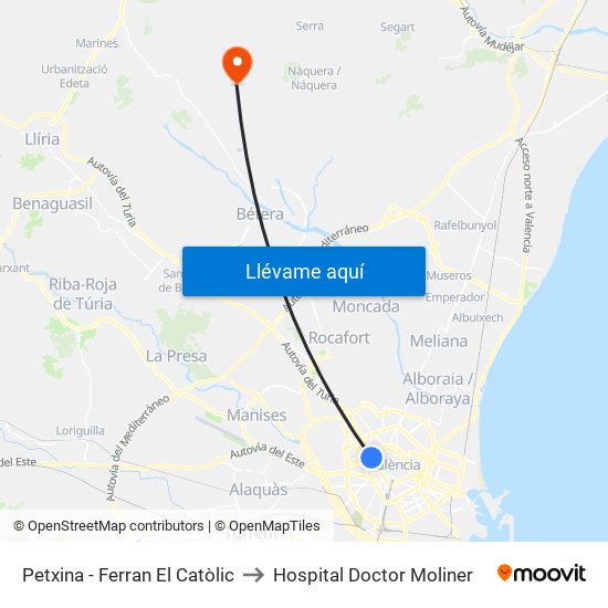 Petxina - Ferran El Catòlic to Hospital Doctor Moliner map