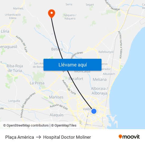Plaça Amèrica to Hospital Doctor Moliner map