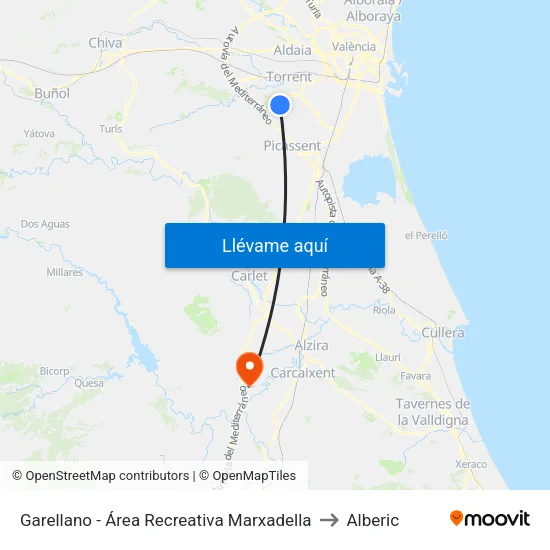 Garellano - Área Recreativa Marxadella to Alberic map