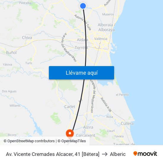 Av. Vicente Cremades Alcacer, 41 [Bétera] to Alberic map