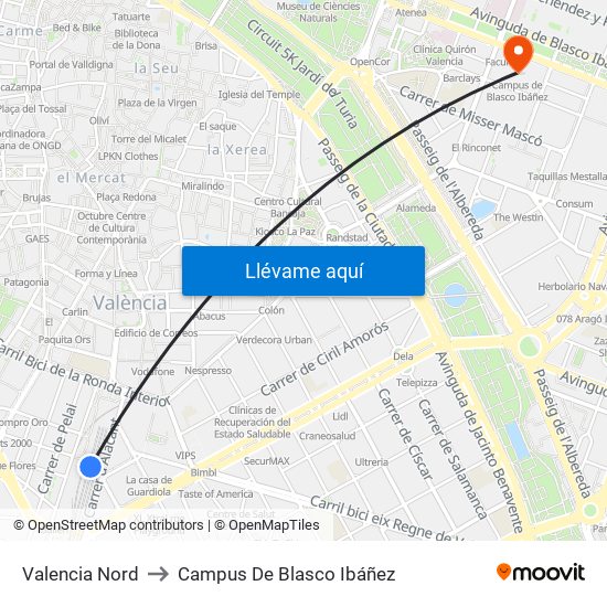 Valencia Nord to Campus De Blasco Ibáñez map