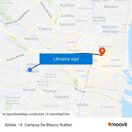 Aldaia to Campus De Blasco Ibáñez map